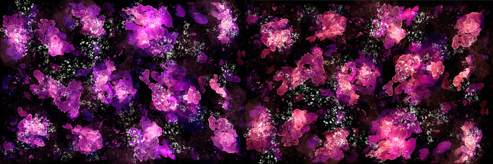 Purple and light watercolor stains and specks on a black background. Abstract watercolor background with spots. Illustration.