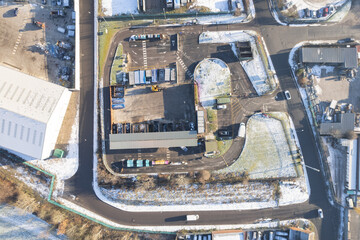aerial view of a large industrial estate in Manchester, UK Recycling Plant. Snow winter weather
