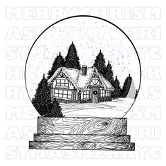 Vector illustration of a christmas card. Ball with a house and Christmas trees in the snow