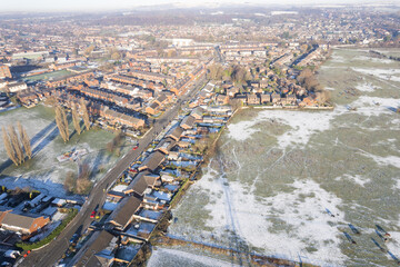 Obraz premium Aerial Houses Residential British England Drone Above View Summer Blue Sky Estate Agent. Snow, winter weather