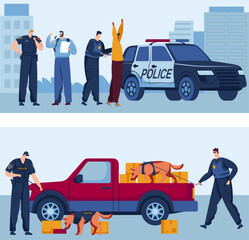 Detective search together dog, car police, fingerprint alarm, policeman uses a gun, design, cartoon style vector illustration.