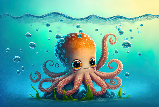 Cute octopus on a background of water. Generative AI