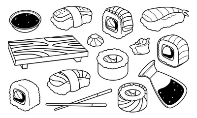 A set of Japanese sushi food, rolls.