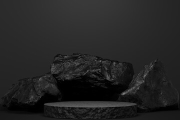 black Empty podium Blank product shelf standing backdrop. 3D rendering.