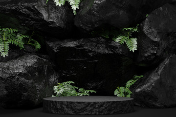 black Empty podium Blank product shelf standing backdrop. 3D rendering.