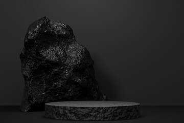 black Empty podium Blank product shelf standing backdrop. 3D rendering.