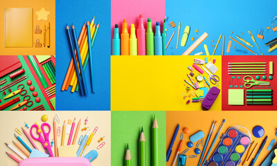 Collage with photos of various school stationery on different color backgrounds, top view
