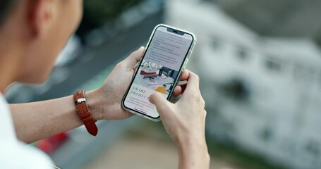 Search, website and phone with hands of businessman for news, planning and information. Web design, learning, and internet with employee scroll on screen for online reading, analytics and technology - Powered by Adobe