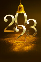 2023 Happy New Year Background,bell and golden number ,glittering lights. luxury background.