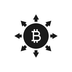Bitcoin sign with multi-directional arrows. Spread of money. Financial deployment
