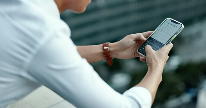 Volunteer, phone or hands on internet for registration application at a global NGO or non profit charity organization. Man, ui or user signing up on screen for a development project digital website