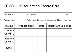 Covid-19 vaccination certificate. Realistic style. Black and white colors. Stock illustration on white background.