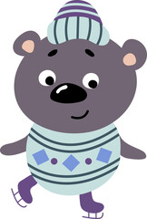 Cute hand drawn teddy bear ice skating. Valentika. White background, isolate. vector illustration.