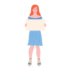 Cartoon Color Character Young Woman Holding Empty Banner or Placard for Message Flat Design Style. Vector illustration of Pretty Ginger Girl
