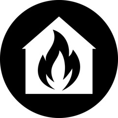 House in a black circle and fire inside danger logo