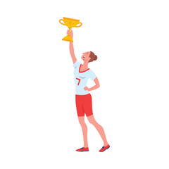 Cartoon Color Character Sportive Young Woman with Gold Cup Concept Flat Design Style. Vector illustration