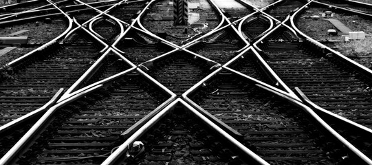 Railway track panorama at Frankfurt Main Station Germany. Geometrical lines in black and white....