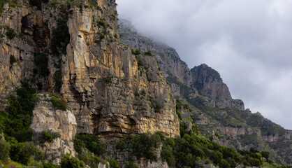 Rocky Cliffs and Mountain Landscape by the Tyrrhenian Sea. Amalfi Coast, Italy. Nature Background.
