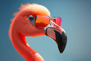Pink flamingo wearing summer sunglasses. Summer background. Generative ai - obrazy, fototapety, plakaty