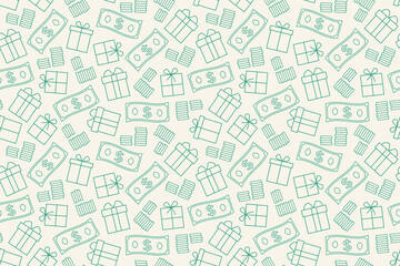 seamless pattern with gifts, dollar banknotes and coins; bonus, present, sale concept- vector illustration