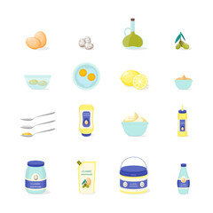 Cartoon Color Mayonnaise Ingredients Icons Set Include of Egg, Oil Bottle and Spoon. Vector illustration of Mayo Sauce Elements