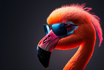Pink flamingo wearing summer sunglasses. Summer background. Generative ai - obrazy, fototapety, plakaty