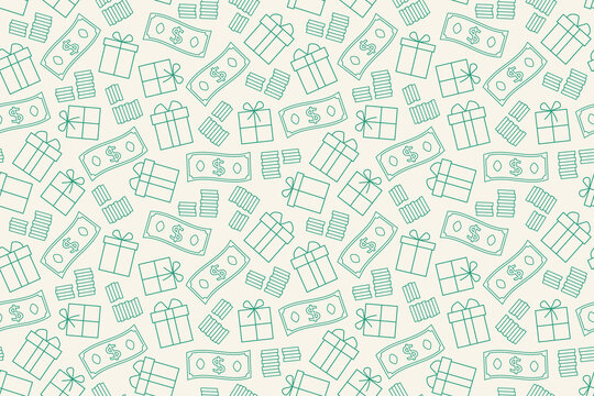 seamless pattern with gifts, dollar banknotes and coins; bonus, present, sale concept- vector illustration