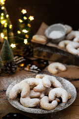 Home baked German Austrian traditional Christmas cookies vanilla crescents. Holiday concept