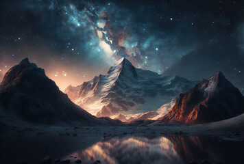 Fototapeta na wymiar View of the Milky Way behind the mountains. Generative AI