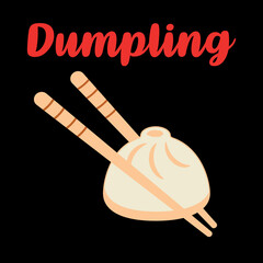 Dumpling with chopsticks isolated on black background.  Traditional asian street  cuisine and food. Vector illustration