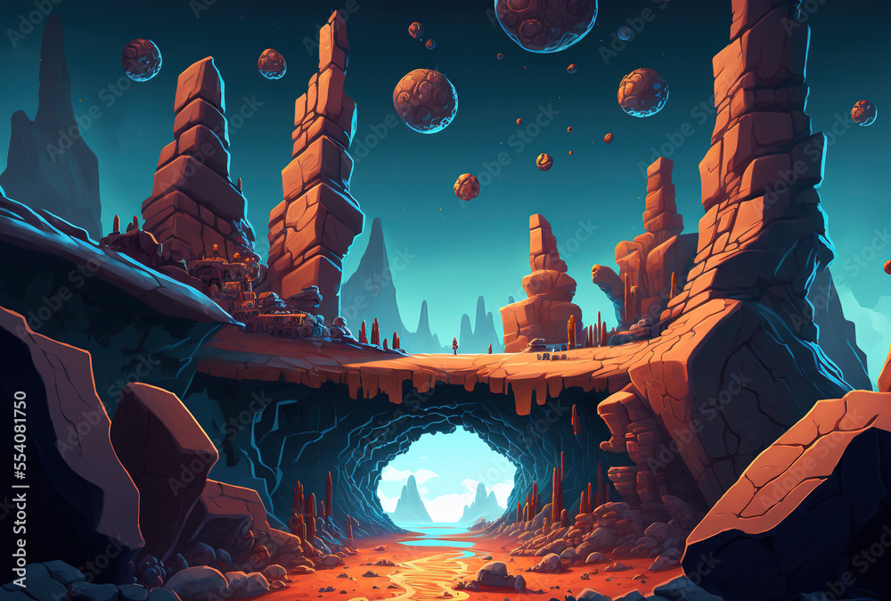 Poster Background of a space game level with rocky platforms. Generative AI