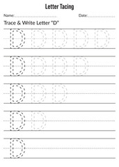Alphabet letter tracing worksheet. writing a-z exercise. Letter Tracing D Worksheet. English Alphabet training for kids. Activity for preschoolers and kindergarten kids. Tracing page. Practice sheet.