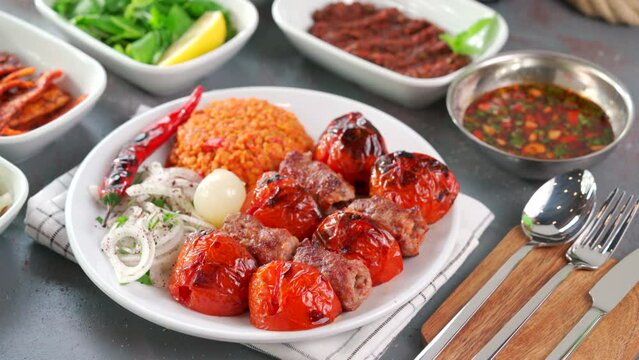 Traditional Turkish meal kebab, Ali nazik, adana kebap, urfa kebap, &ccedil;&ouml;p şiş, patlican kebap, domates kebap, şaşlık, saslik, ciger sis on table top view
