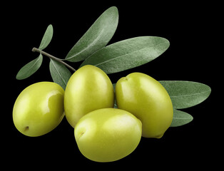 Delicious green olives with leaves, isolated on black background