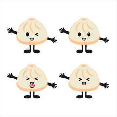 Set of Cute kawaii dumpling with eyes, smile emoji, hands and legs. Flat design vector illustration
