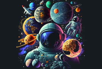 astronauts in space, planets, and satellites in an isolated flat design. Generative AI