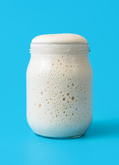 Sourdough starter in a jar, isolated on a blue background