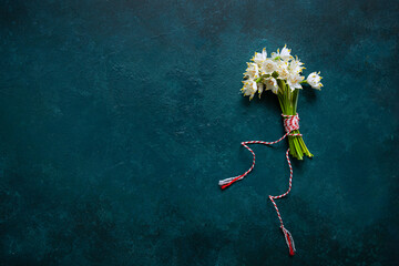 Fresh beautiful bouquet of the first spring forest snowdrops flowers with red and white cord...