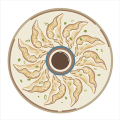 Jiaozi. Chinese New Year fried dumplings, shaped like ancient silver and gold ingots. Wealthy, prosperous. Circle, sun, soy sauce. For menu, cafe, advertising.