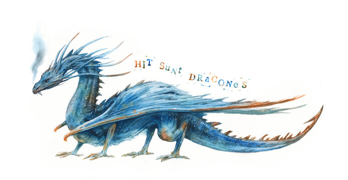 Watercolor illustration of a blue dragon on a white background
