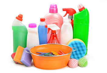 Set of household chemicals, sponges and trough isolated on white . - obrazy, fototapety, plakaty