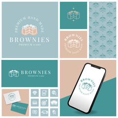 vintage brownies cake logo with seamless pattern and template set	
