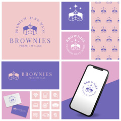 vintage brownies cake logo with seamless pattern and template set	
