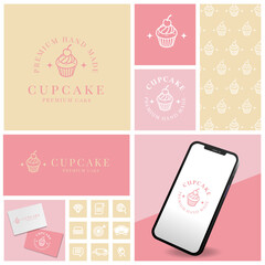 cute cup cake logo with seamless pattern and template set	
