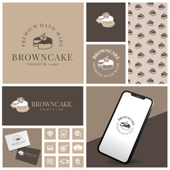 elegant brownies cake logo with seamless pattern and template set	
