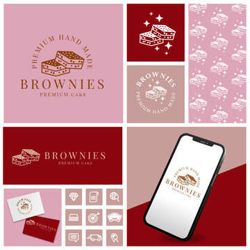 SIMPLE CAKE BROWNIES LOGO WITH ICON AND PATTERN SET
