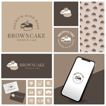 elegant brownies cake logo with seamless pattern and template set	
