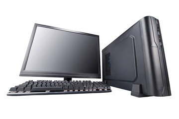 Desktop computer in wide angle perspective. Copy space on the screen. Isolated png with transparency
