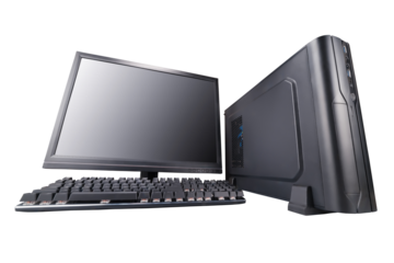 Desktop computer in wide angle perspective. Copy space on the screen. Isolated png with transparency