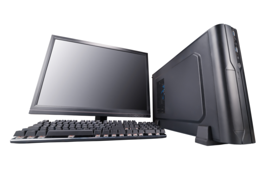 Desktop computer in wide angle perspective. Copy space on the screen. Isolated png with transparency